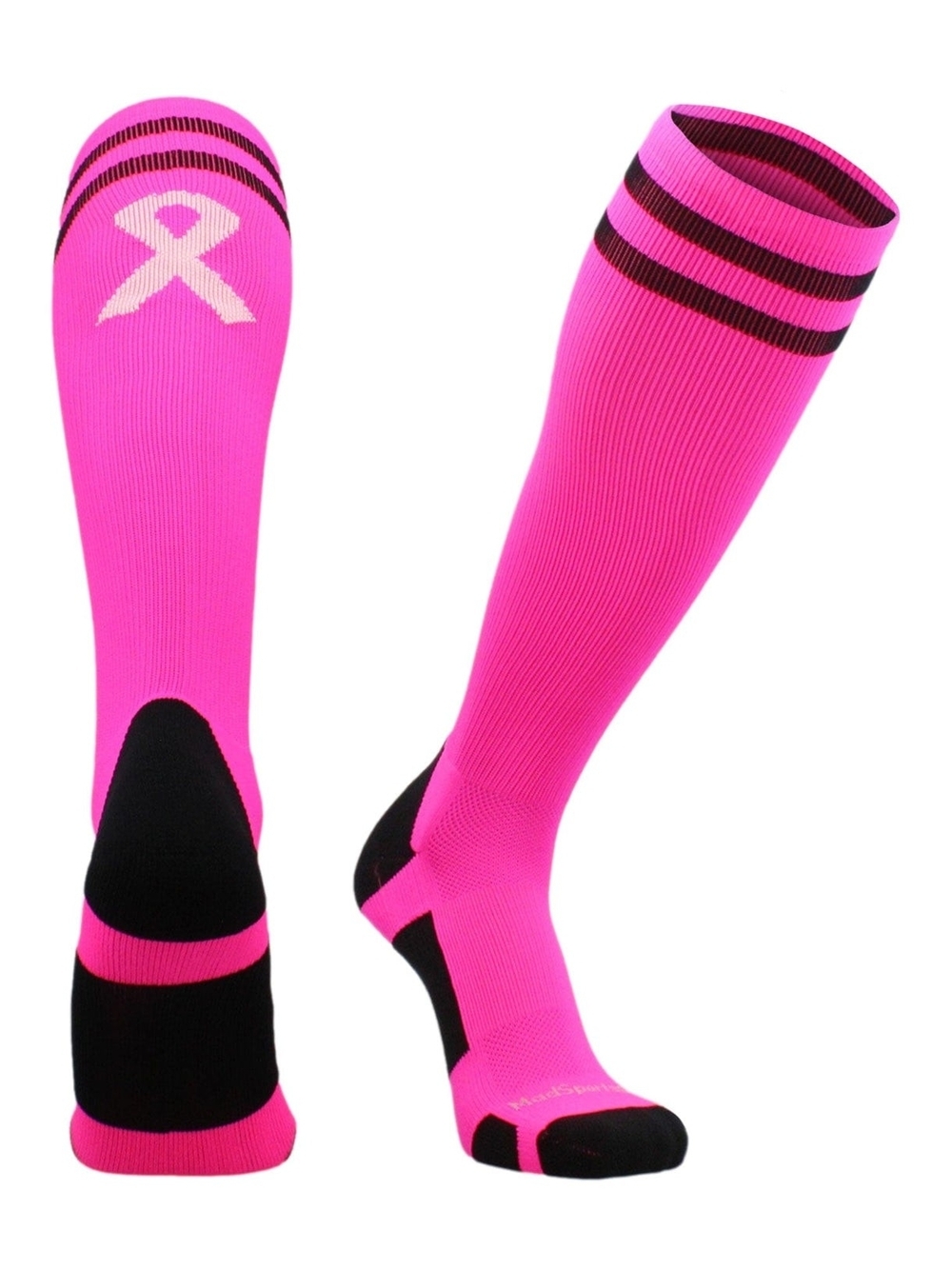 NWT Neon Pink Ribbon Breast Cancer Awareness Sports Socks Stripes XL